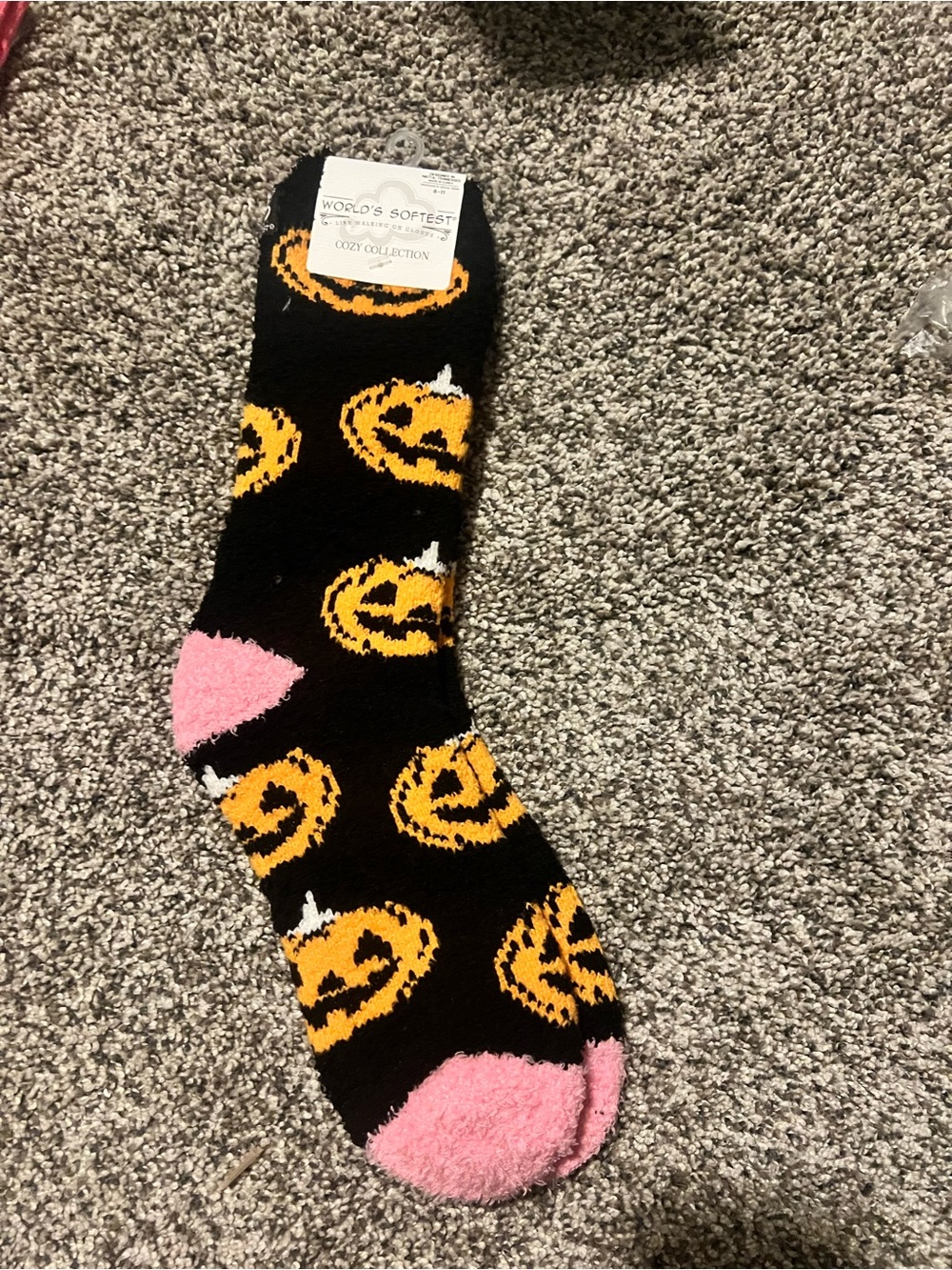 World's Softest Cozy Collection Black Pumpkin Crew Socks with Pink Heel